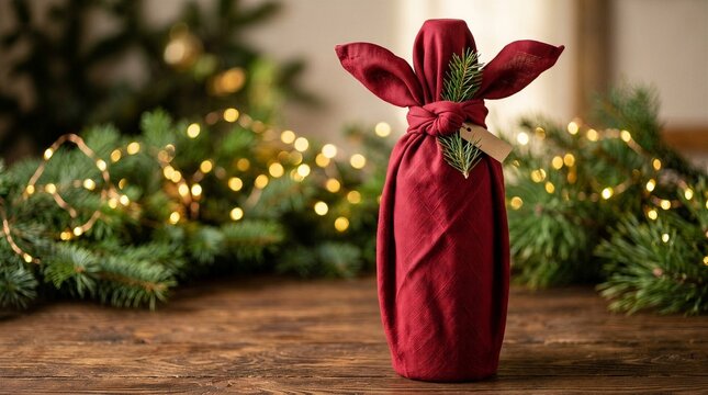 Wine bottle wrapped in red fabric with evergreen sprig on a wooden table. Christmas gift presentation. Festive holiday entertaining and seasonal packaging. Rustic celebration decor.