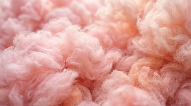 Soft pink cloud or cotton-like texture filling the frame, dreamy abstract photography, blush, coral and pale rose palette, diffused luminous light, fluffy tactile depth and elegant romantic background