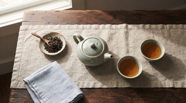 Celadon teapot and cups on rustic wooden table in China