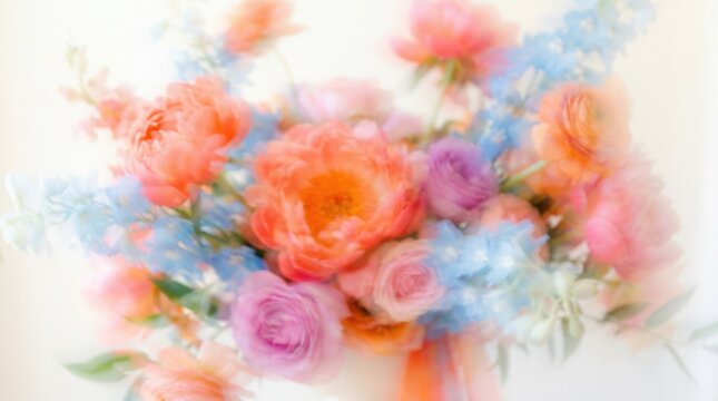 Abstract blurred bouquet or foliage in vivid coral, pink, orange and sky blue, soft painterly motion creating a dreamy floral cloud on a pale background, fine-art digital photography, high-key palette