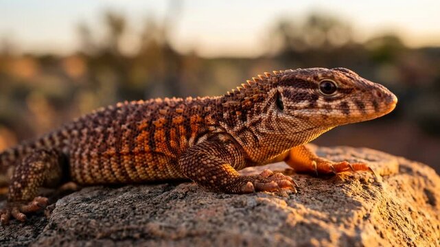 red ackie monitor close up in sunset light in western australia video