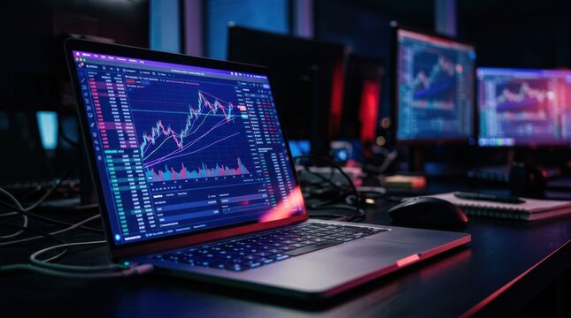 Laptop displaying colorful financial charts in a dark trading environment, fintech photography, blue, red and violet screen glow, shallow depth of field, investment, stock market and data-analysis