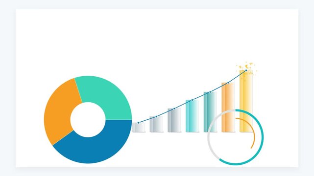 Animated business infographic with growing bar chart and pie chart for financial data analysis and corporate growth presentation
