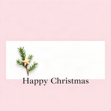 Happy Christmas commercial banner with pine sprig and wooden star on white paper background