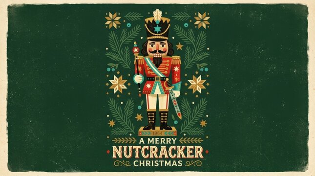 Traditional nutcracker soldier illustration centered on a deep forest-green background, retro Christmas graphic design, bold red, gold, cream and turquoise colors, decorative star motifs, flat painted