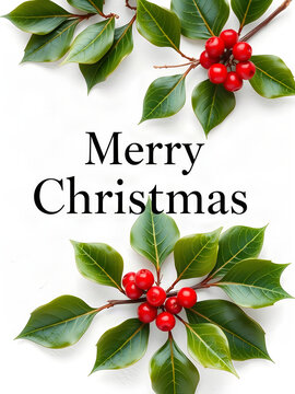 Merry Christmas holiday appreciation banner with holly leaves and red berries on white paper