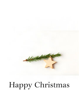 Happy Christmas commercial banner with pine sprig and wooden star on white paper background