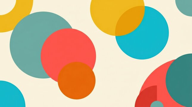 Playful abstract composition of large overlapping geometric circles on a warm ivory background, minimalist flat vector illustration, bold circular forms in golden yellow, vivid coral red, deep orange,