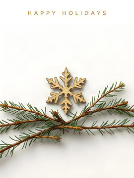 Happy Holidays minimalist banner with wooden snowflake and pine needles on white paper