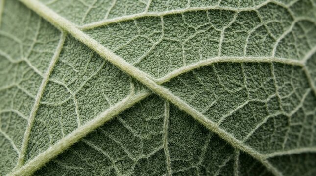 Extreme macro of a green leaf showing branching veins and velvety surface texture, botanical nature photography, muted sage and forest-green palette, soft diffused light, diagonal vein structure,