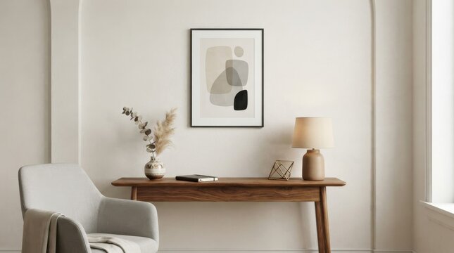 Minimalist living room interior with abstract wall art and console
