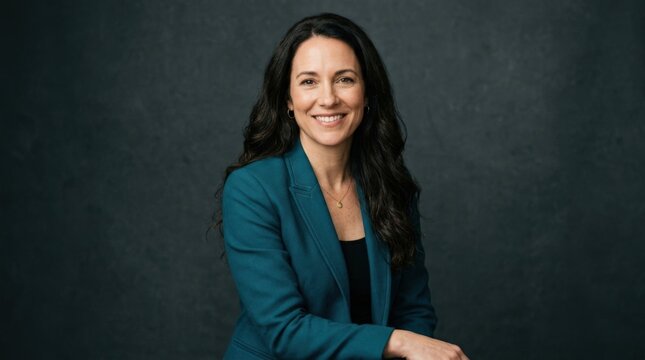 Confident businesswoman with long dark hair wearing a teal blazer over a black top, polished corporate portrait photography, dark neutral studio backdrop, warm natural smile, soft flattering light,