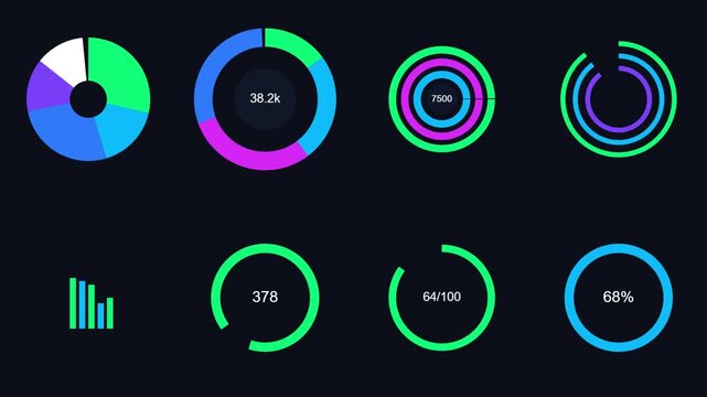 Animated data visualization dashboard with circular progress bars and infographic charts for business analytics and digital interface