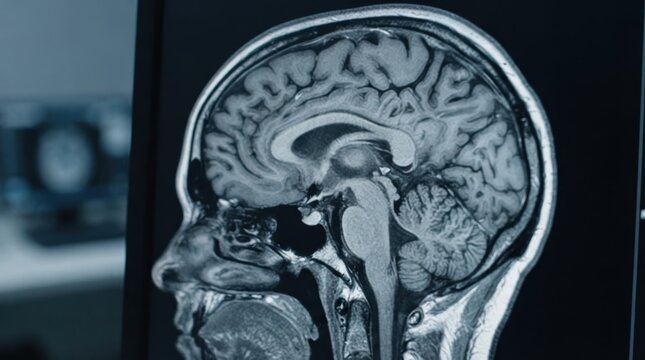 Brain MRI scan showing a sagittal cross section on a monitor