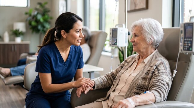 Nurse holding an elderly patients hand during an infusion in a hospital. Compassionate bedside care and patient support. Senior health, nursing and medical treatment.