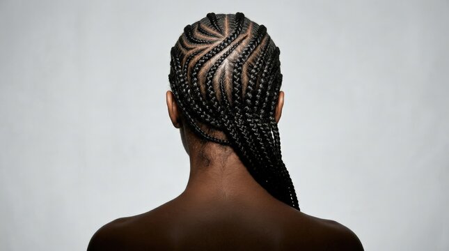 Braided hairstyle photographed from behind against a pale gray studio background, beauty and hair editorial photography, intricate glossy cornrow texture, black silhouette, soft rim light, minimalist