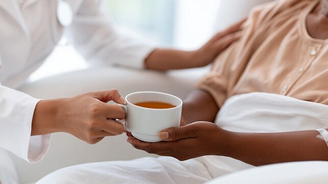 Caregiver handing cup of tea to person resting in bed. Home care and patient support. Compassionate caregiving, comfort and recovery. Healthcare assistance for adults.