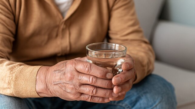 Older adult holding a glass of water while seated indoors. Hydration and healthy aging. Drinking water, wellness and daily self-care. Close-up of hands and clear drinking glass.