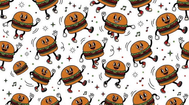 Dancing burger characters wearing tiny gloves and shoes, repeated on a white background with bold black outlines, warm brown buns, green lettuce and red accents, whimsical seamless vector pattern with