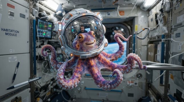 Octopus in spacesuit floating inside a space station module