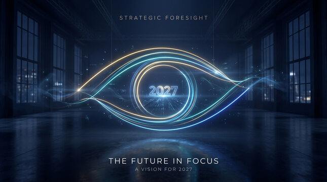 Futuristic eye shaped light sculpture glows in dark modern industrial interior, symbolizing vision, innovation, and strategic foresight for 2027, with blue and gold neon lines