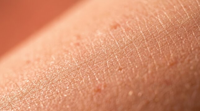 Extreme macro of peach-toned human skin showing fine natural lines and pore texture, abstract dermatology and skincare photography, warm coral palette, soft directional light, realistic detail and