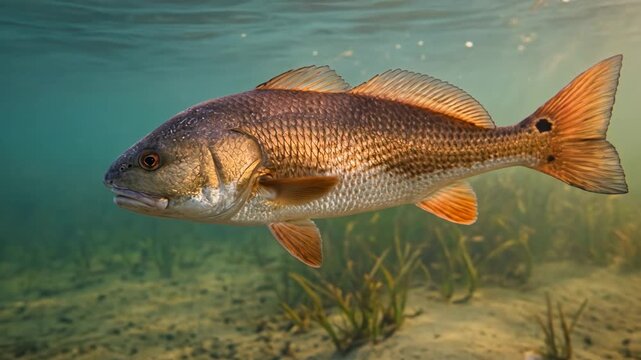 red drum fish underwater close up in morning light at florida gulf coast video
