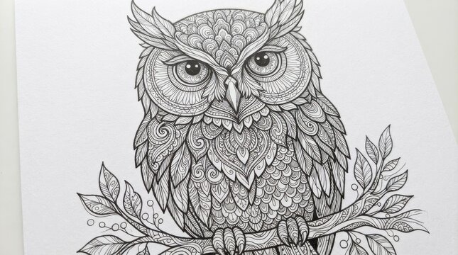 Intricate owl illustration with zentangle patterns on a branch