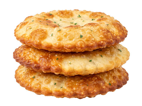 Fried flatbreads stacked with herb garnish