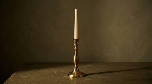 Tall polished brass candlestick with a slender cream candle on a dark olive-brown background, refined still-life photography, warm gold reflections, dramatic soft spotlight, long sculptural shadow,