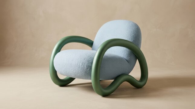 Sculptural lounge chair with flowing tubular green arms and a pale blue seat, high-end furniture product photography, warm beige studio background, soft floor shadow, playful biomorphic form and