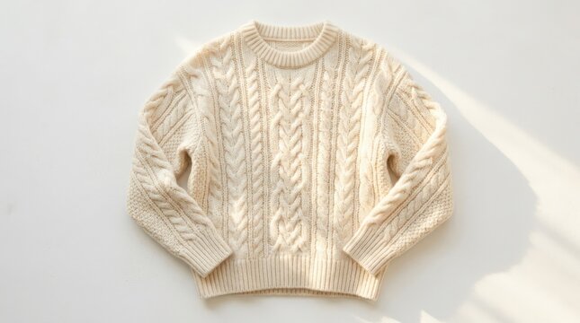 Cream cable-knit sweater arranged flat on a bright white surface crossed by soft window sunlight, clean fashion product photography, ivory monochrome palette, visible knit texture, gentle shadows and