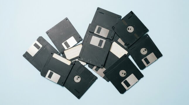 Collection of obsolete black computer floppy disks scattered on a clean pale powder-blue background, minimalist retro technology product photography, several square 3.5-inch magnetic diskettes