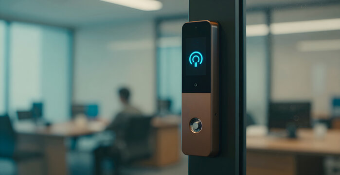 Smart electronic door lock with RFID reader installed on an office glass door