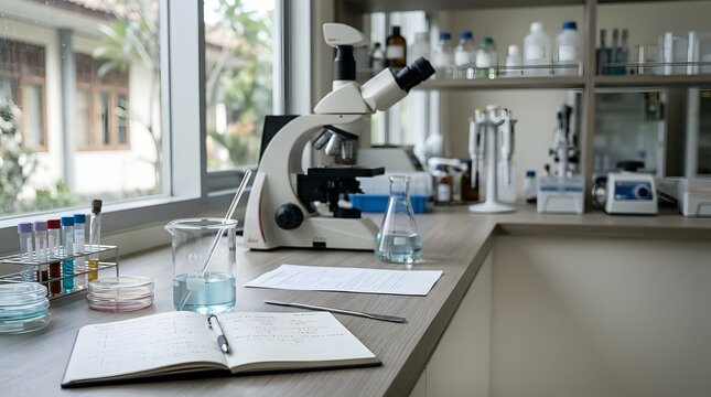 Professional Laboratory Workspace Featuring a Microscope and Scientific Equipment for Biological Research and Academic Analysis