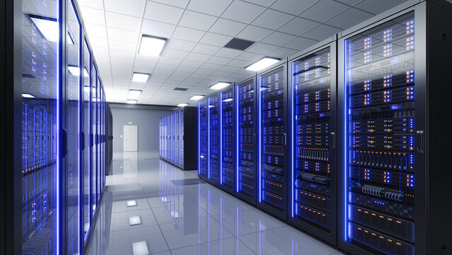 Storage and processing server room, data center AI processing concept. Server room with server tower racks - 3d illustration