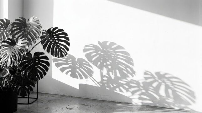 Large monstera leaves casting crisp botanical shadows across a bright white wall, high-key plant photography, black, gray and white palette, strong directional sunlight, graphic tropical shapes and