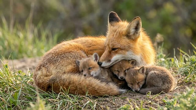red fox with kits close up in morning light at yellowstone national park video