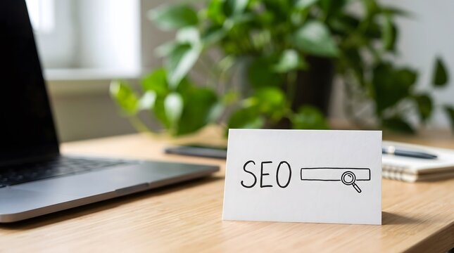SEO card with search bar and magnifying glass drawing next to laptop on wooden desk, search engine optimization, keyword research, website ranking and digital marketing concept