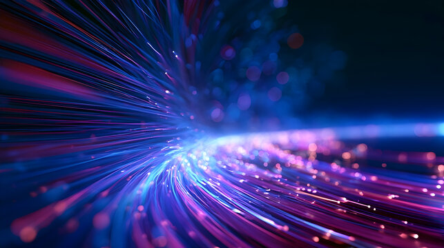 Abstract photonic light streams with glowing optical trails, high speed data transmission, fiber optic communication, and futuristic digital technology background. 3d rendering Stock Illustration