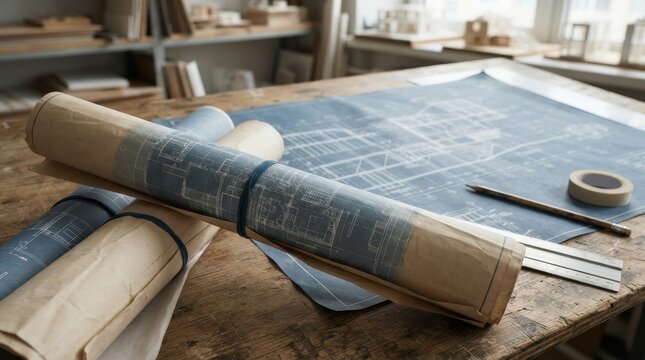 Architectural blueprints and rolled plans on a wooden drafting table