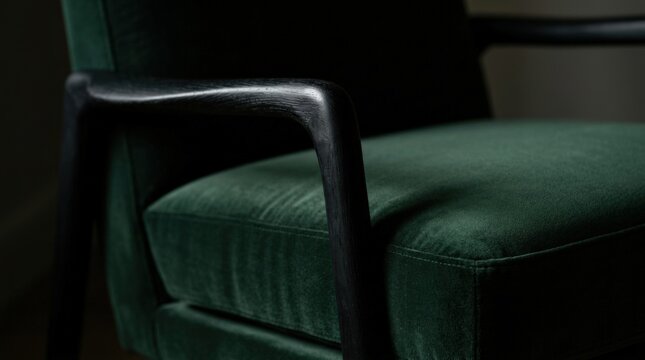 Close-up of a deep forest-green upholstered armchair with black wooden armrest, luxury furniture photography, tactile fabric, rich emerald and near-black palette, moody directional light, tight