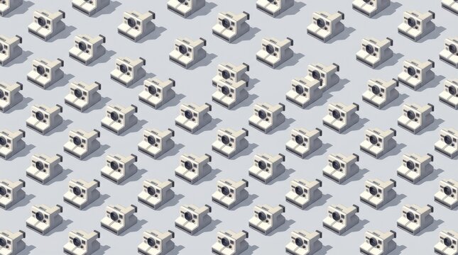 Seamless geometric pattern of miniature white vintage instant cameras arranged in diagonal rows on a pale gray background, minimalist retro technology product illustration, small boxy devices with