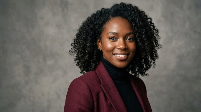 Smiling young woman with deep brown skin wearing a burgundy blazer over a black turtleneck, professional studio portrait, neutral gray background, soft flattering light, natural curls, realistic skin