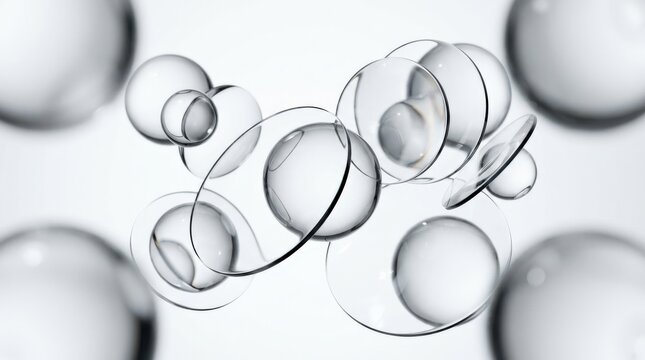 Abstract transparent spheres and circular glass forms on a high-key white background, minimalist macro photography, black-edged reflections, subtle gray gradients, floating composition and