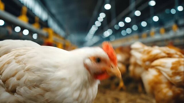 Close-up of a white broiler chicken in a modern poultry farm, commercial poultry production, livestock husbandry and intensive farming environment