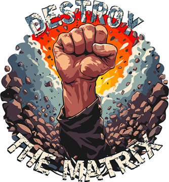 Clenched fist breaking through matrix wall PNG Logo Illustration on Transparent Background
