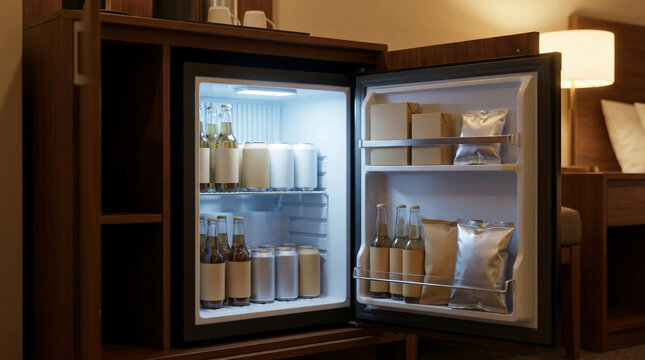 A well-organized hotel minibar inside a dark wooden cabinet, filled with chilled glass bottles, beverage cans, and packaged snacks in a cozy guest room interior setting with warm lighting