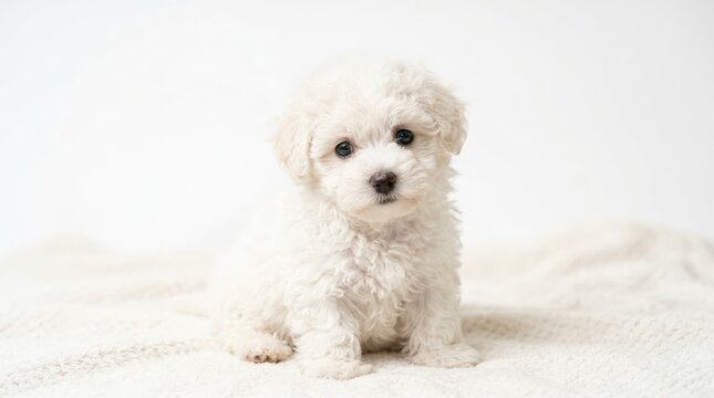 Fluffy white puppy sitting against a soft white background, adorable pet photography, high-key lighting, curly fur texture, gentle dark eyes, minimal composition and clean commercial animal portrait