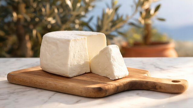 A thick block of white artisanal cheese is displayed on a rustic wooden cutting board with a sliced wedge resting nearby, featuring an outdoor background with blurred olive trees in bright daylight